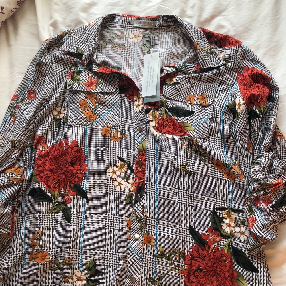 NWT 1X dress plus size button down gray tunic cute stripes checkered floral cute